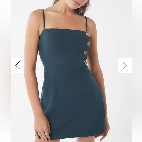 Urban Outfitters Riley Button-Down Linen Cotton Mini Dress Teal Size 4 - Picture 2 of 11